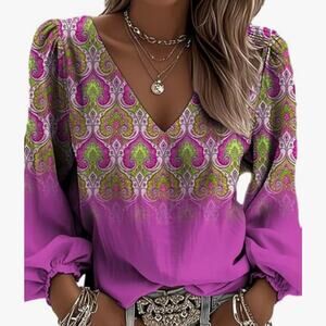 Womens V Neck Long Puff Sleeve Top Magenta Lime Paisley Floral Print XL NWT